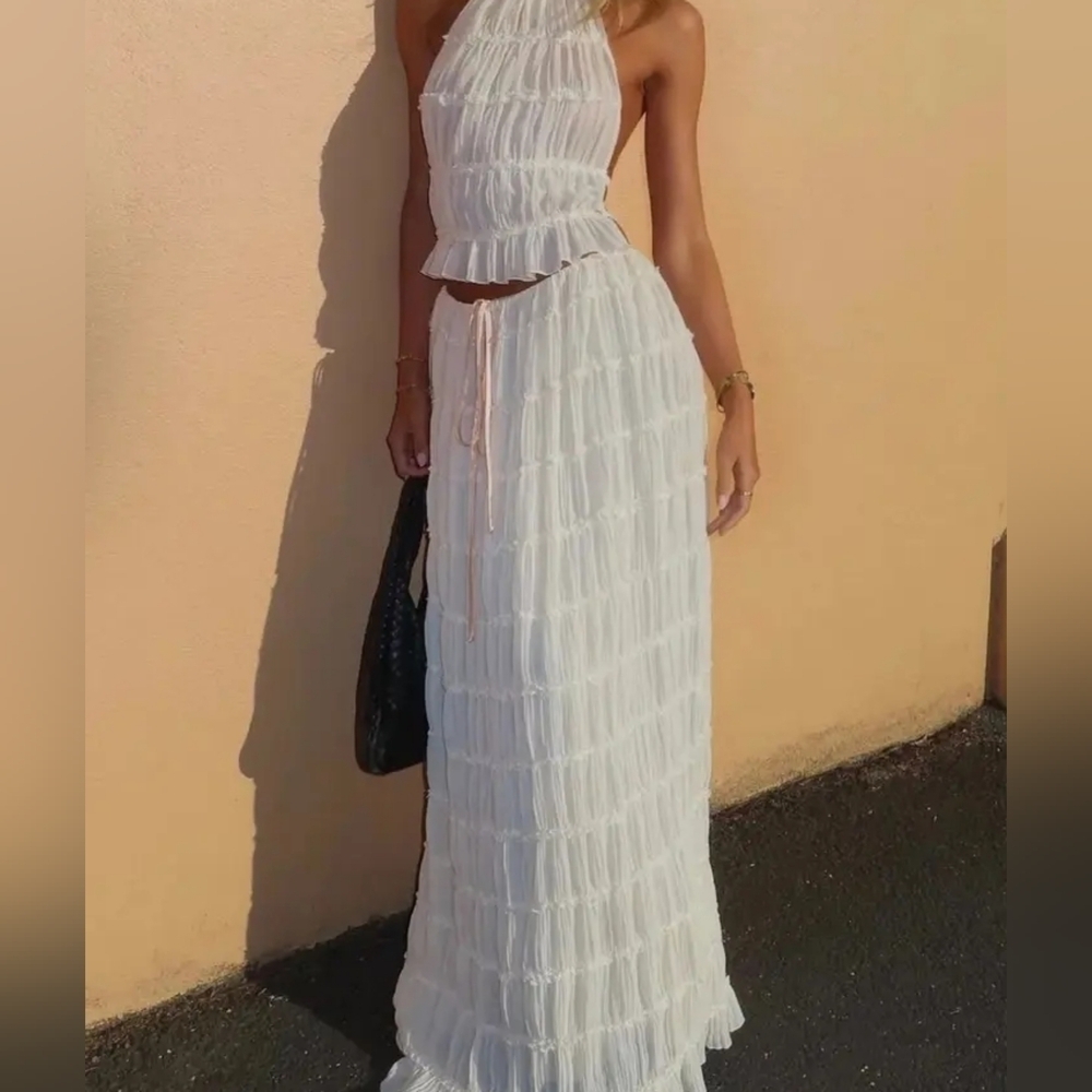 Fashion Halter Neck Long Skirt Suit Women Backless Sling Top Lace Up Fold Maxi - Picture 3 of 9